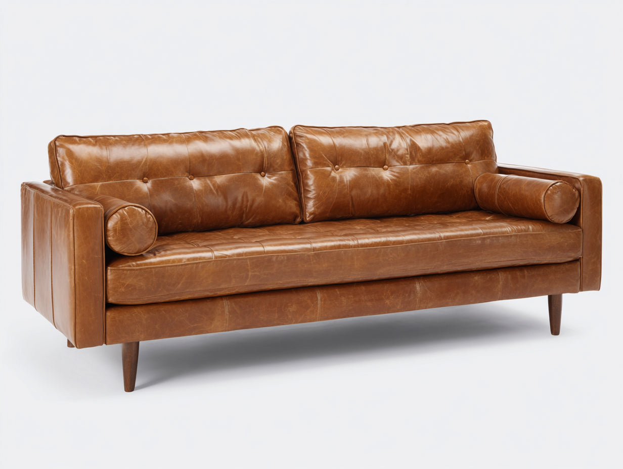 3 Sitzer Sofas 220 x 90 x 80 cm - Ledersofa mit glatter Polsterung - Braunes Sofa für Wohnzimmer im Retro Design