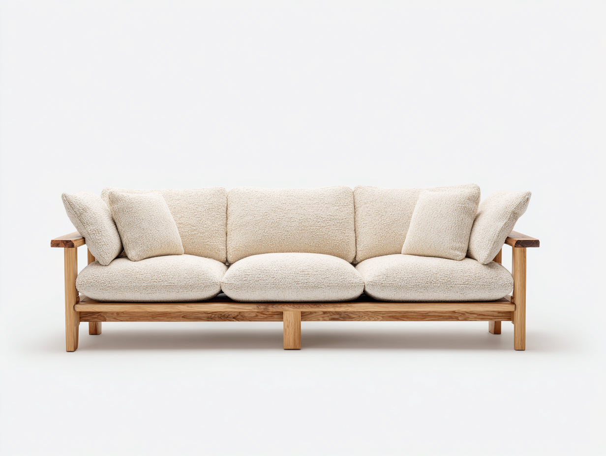 3 Sitzer Sofas Bouclé Stoff 220x85x75 cm - Beige Naturholz - Modernes Dreisitzer Sofa mit Holzgestell