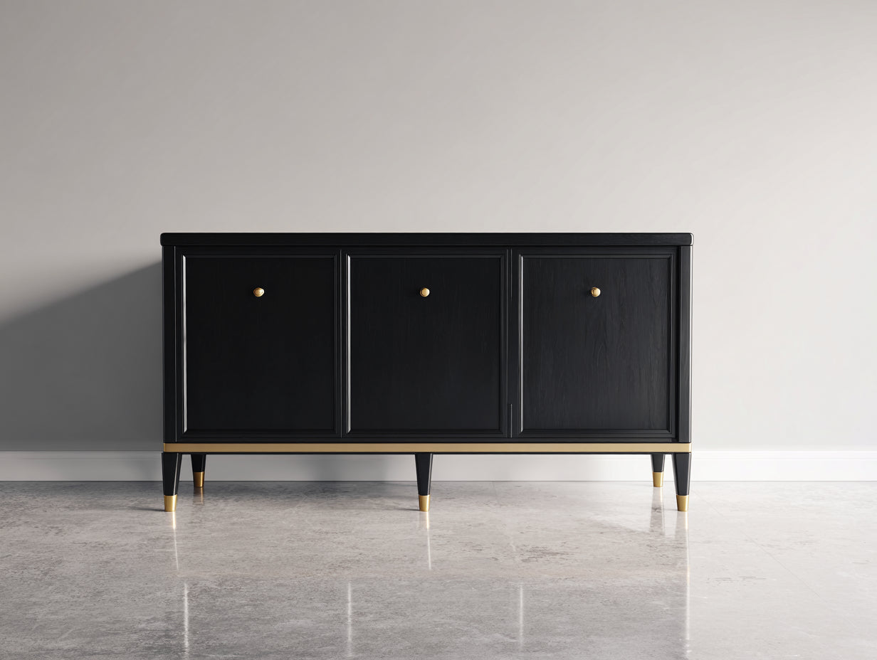 Dielenschränke 180 x 40 x 80 cm - Flurschrank mit 3 Türen - Schwarzer Aufbewahrungsschrank aus Holz mit goldfarbenen Details