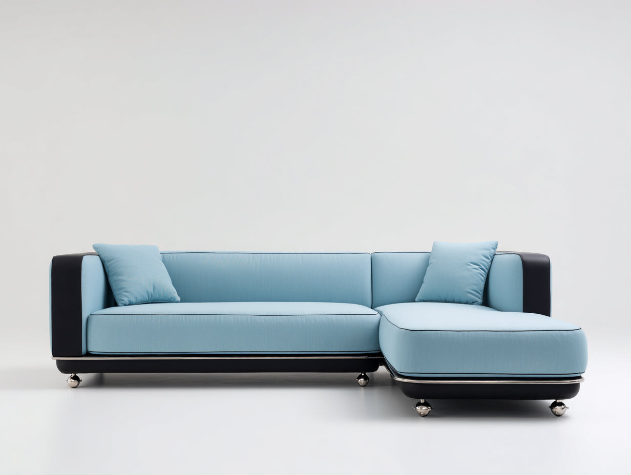 Ecksofa Stoff 300x180x75 cm - Hellblau Schwarz - Modernes Ecksofa mit gepolsterter Sitzfläche