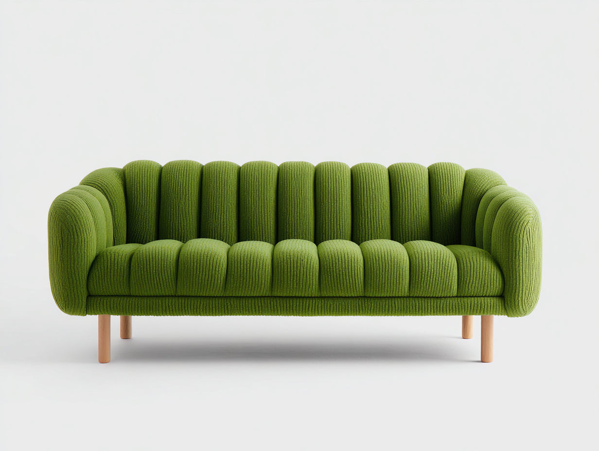 3 Sitzer Sofas 220 x 85 x 78 cm - Gerades Sofa mit gerippter Polsterung - Grünes Stoffsofa mit Holzfüßen